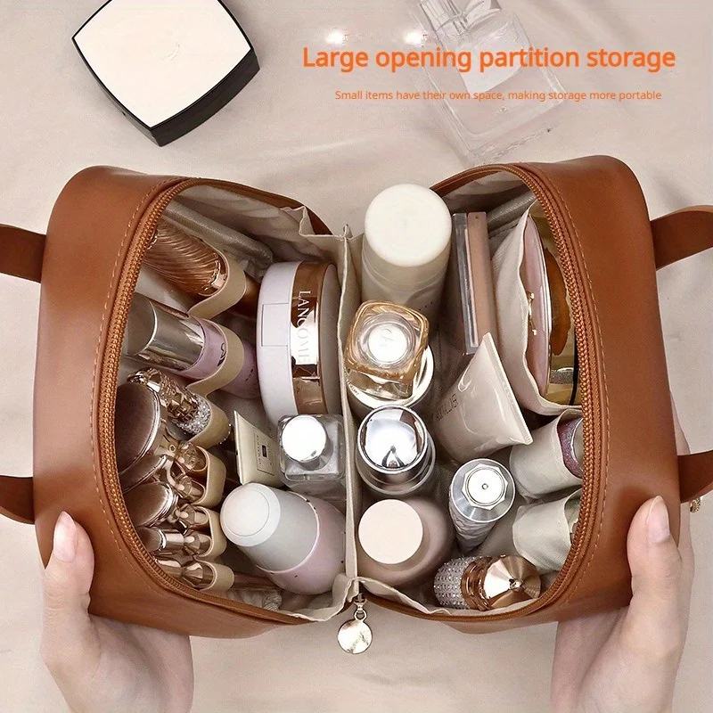 High Appearance New Large Capacity PU Double Zipper Portable Makeup Bag Maillard Retro Travel Home Waterproof and Anti fouling