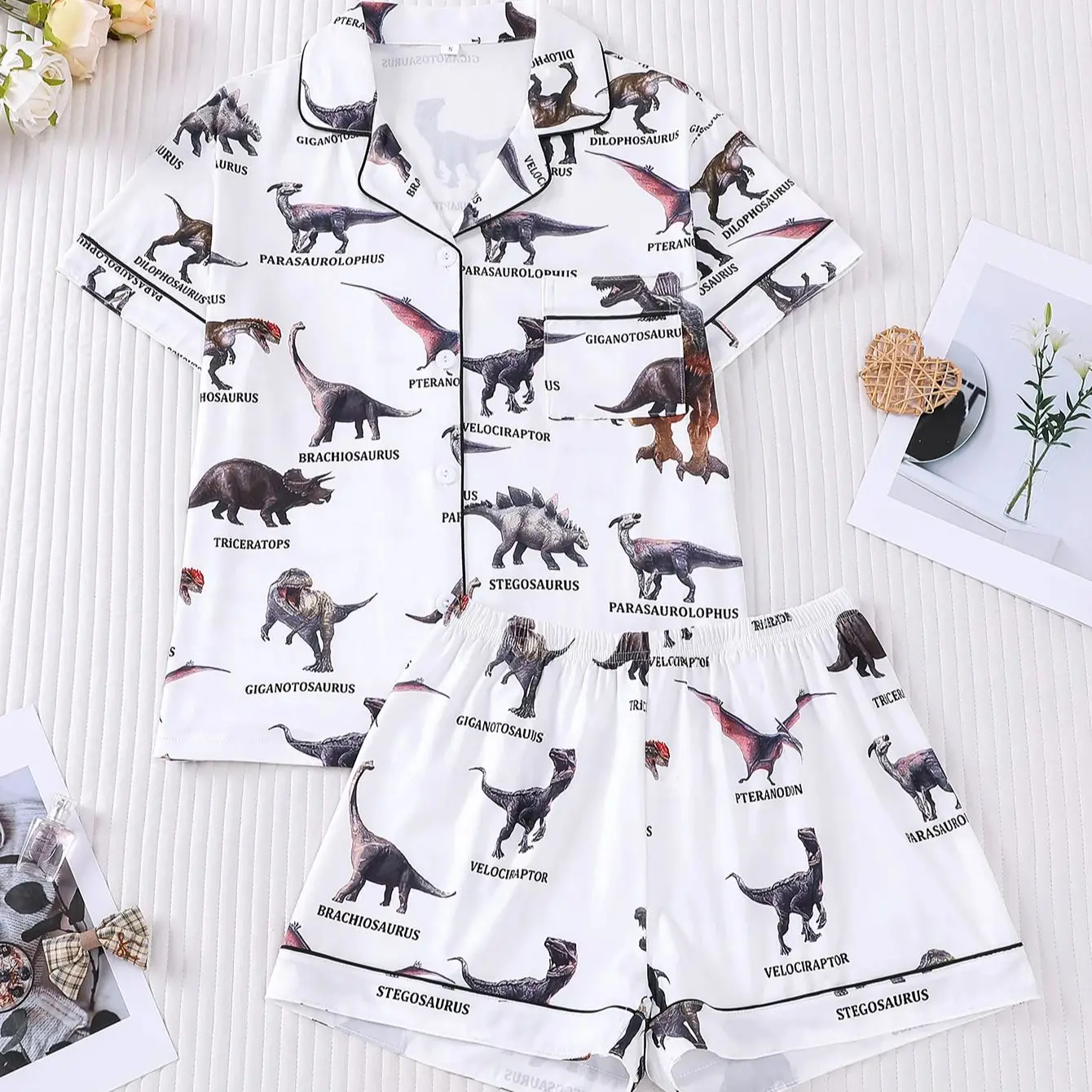

Atmosphere White Background Dinosaur Full Print Pajama Collar Button Style Summer Thin Breathable Home Clothing Set