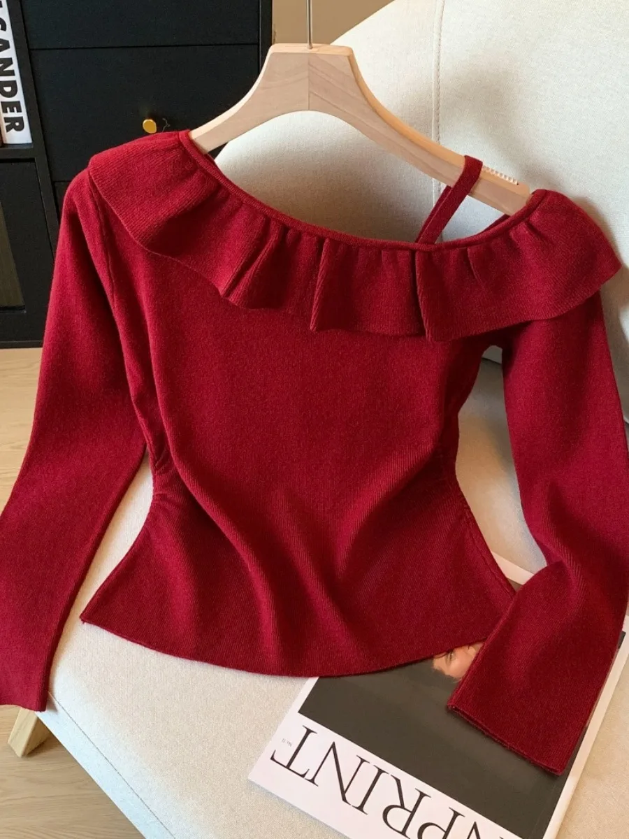 Recommended Self-Purchase Korean Sle Slim Fit Long Sve Knitted Top Women's Early Autumn New ort Length Side Ne Design