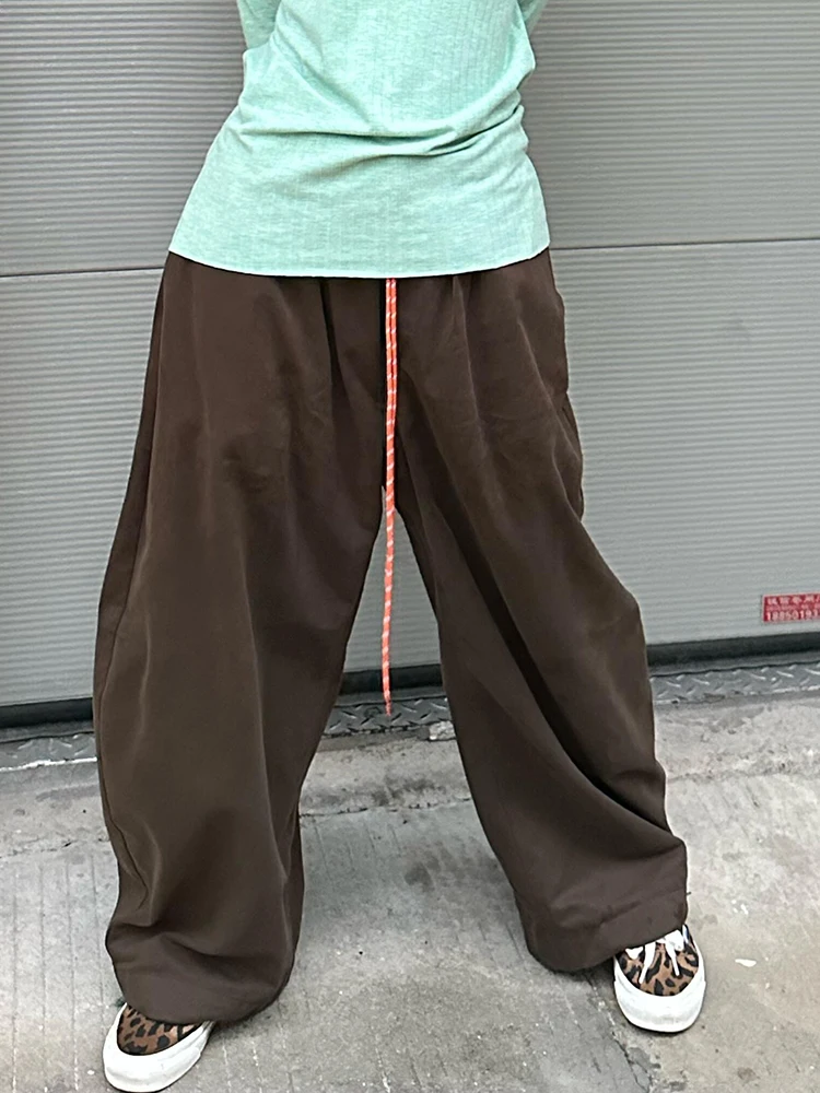 PBAP sznurkiem jednolita, na co dzień szerokie spodnie damskie kieszenie w pasie bawełniane podkowy spodnie oversize Vintage Y2k Streetwear