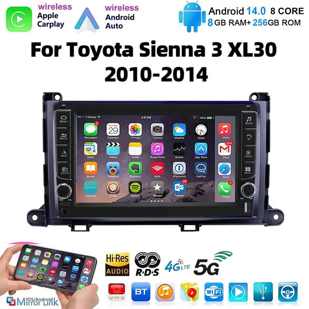 

Android 14 Car Multimedia Player 8G+128G For Toyota Sienna 3 XL30 2010 - 2014 Autoradio Stereo GPS Navi 2din Carplay DVD