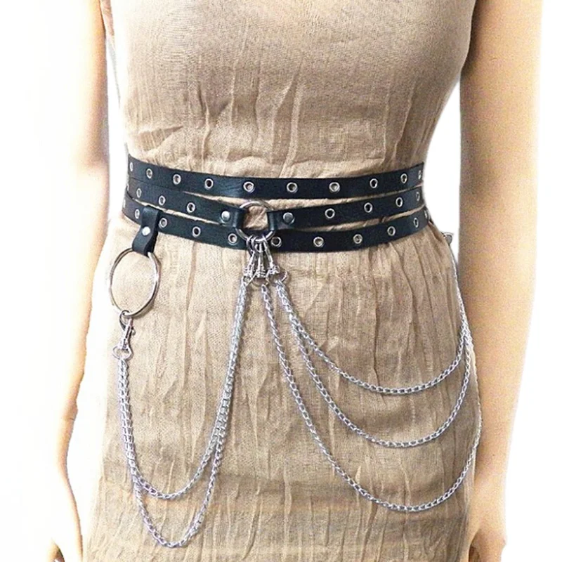 Multi-layer Faux Leather Belt Metal Chain Waist Belt Punk Gothic Body Jewelry