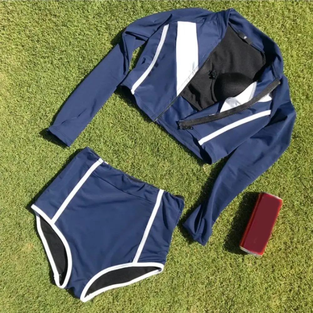 Traje de baño deportivo de dos piezas de manga larga, diseño adelgazante de secado rápido, traje de baño para Surf, traje de baño de cintura alta con cremallera, deportes acuáticos