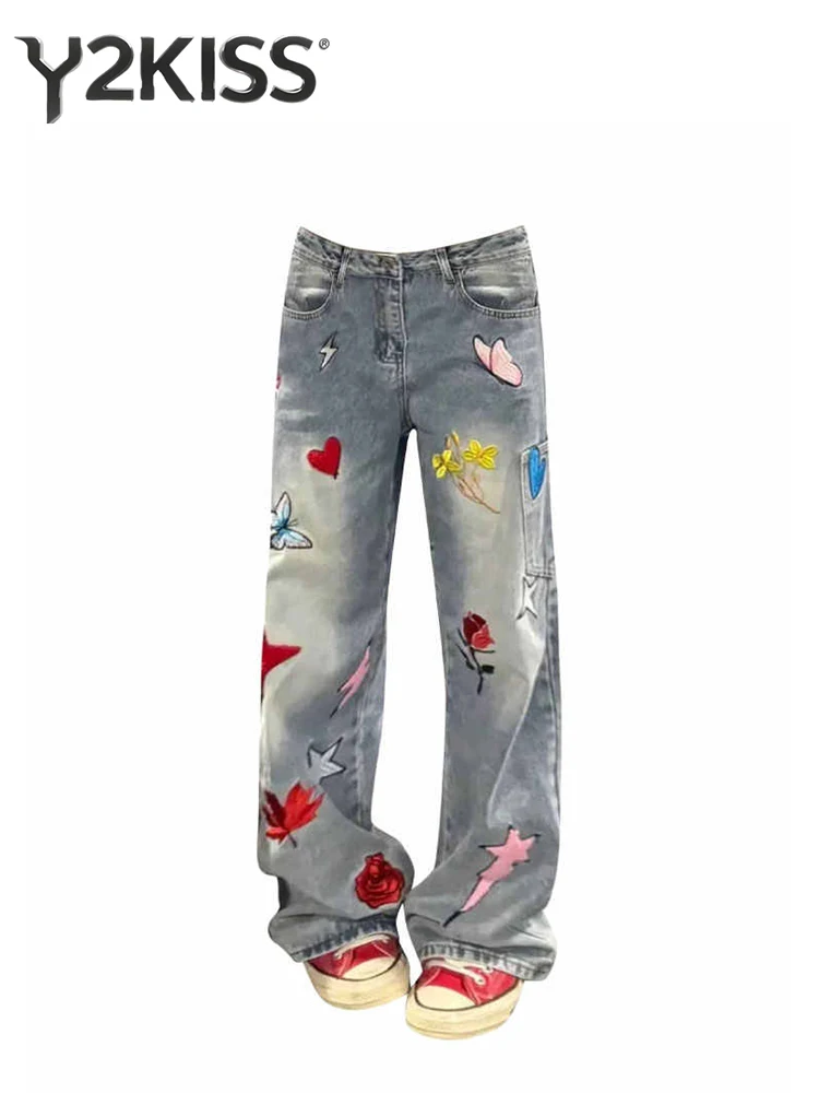 

Женские джинсовые брюки Y2K Мешковатые джинсы Японские джинсы Bootcut Гранж Вышивка Хип-поп Харадзюку Панк Ковбойский Шикарный Дизайнер Новинка