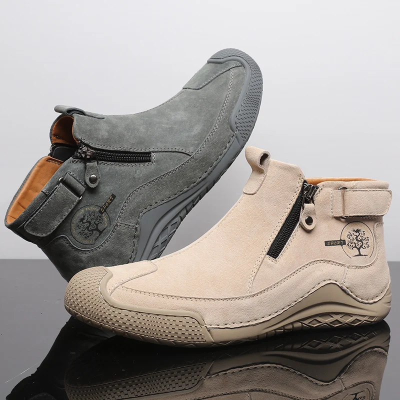 Handmade Sewing Leather Men Casual Boots Fashion Designer Shoe Man Leather Ankle Boots Men Walking Shoe Breathable Hombres Botas