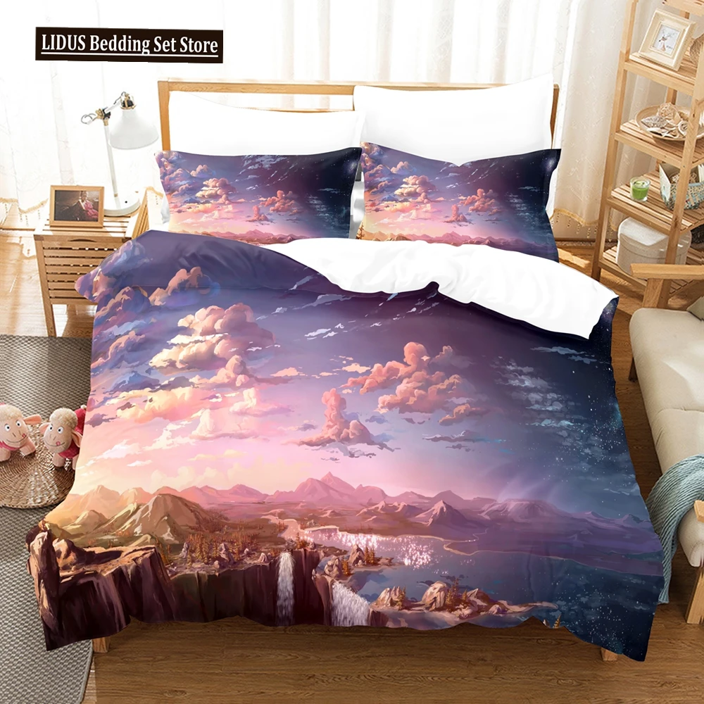 

Landscape Theme Duvet Cover Set Mountain Sea Pink Cloud Romantic Bedding Set For Girl Women Polyester Comforter Cover King Queen