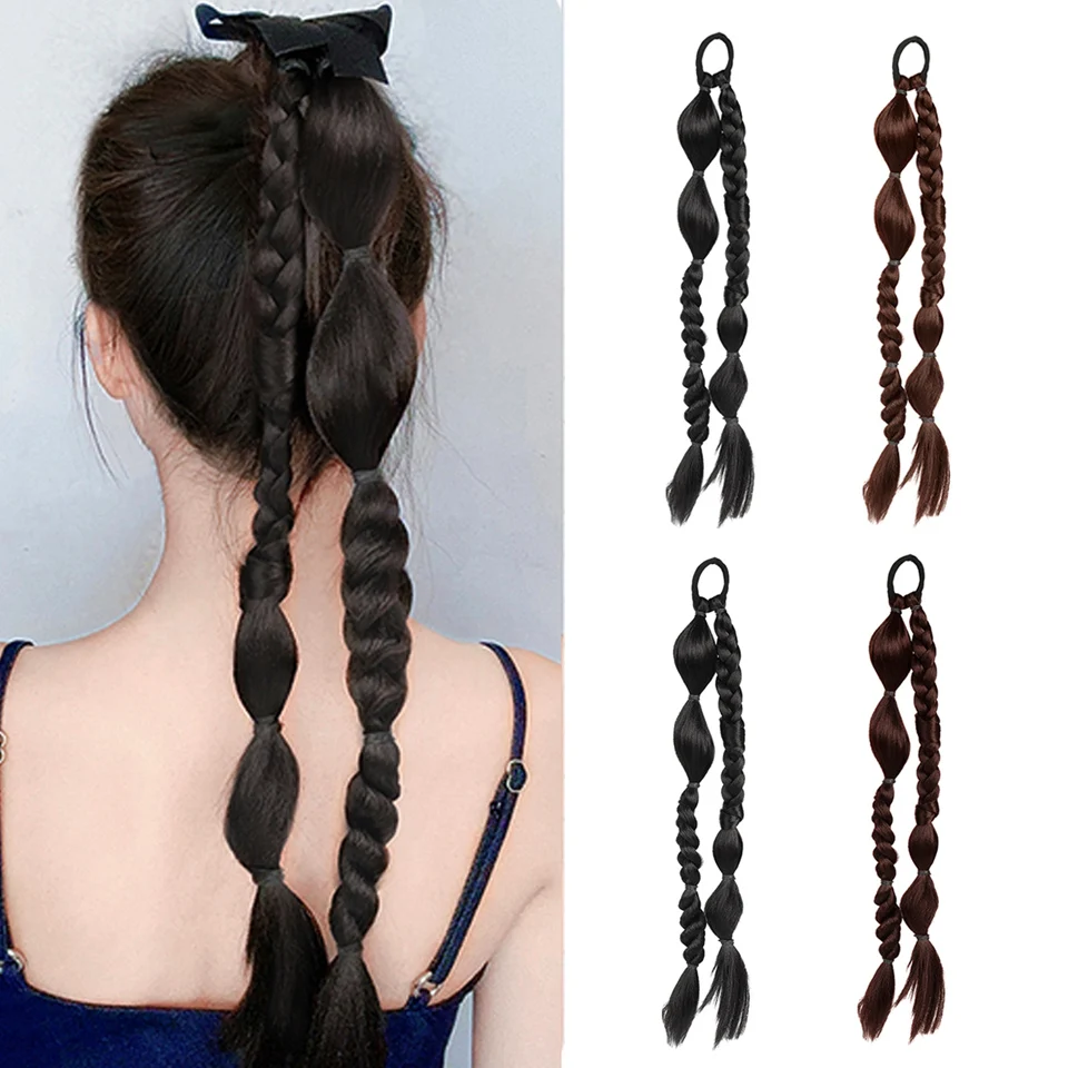 

Long Synthetic Hair Chignon Tail With Rubber Ponytail Black Hairpiece Pony Braid Hair Ponytail Extensions Black Color For Women