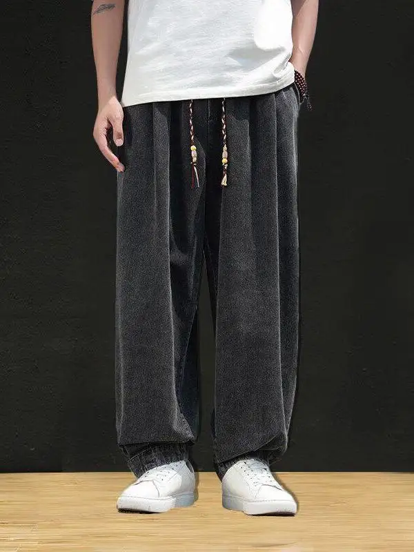 

AOWEN Men's Summer Thin Pure Color Denim Pants Casual Loose Wide Leg Versatile Large Size Long Trousers Breathable Comfortable