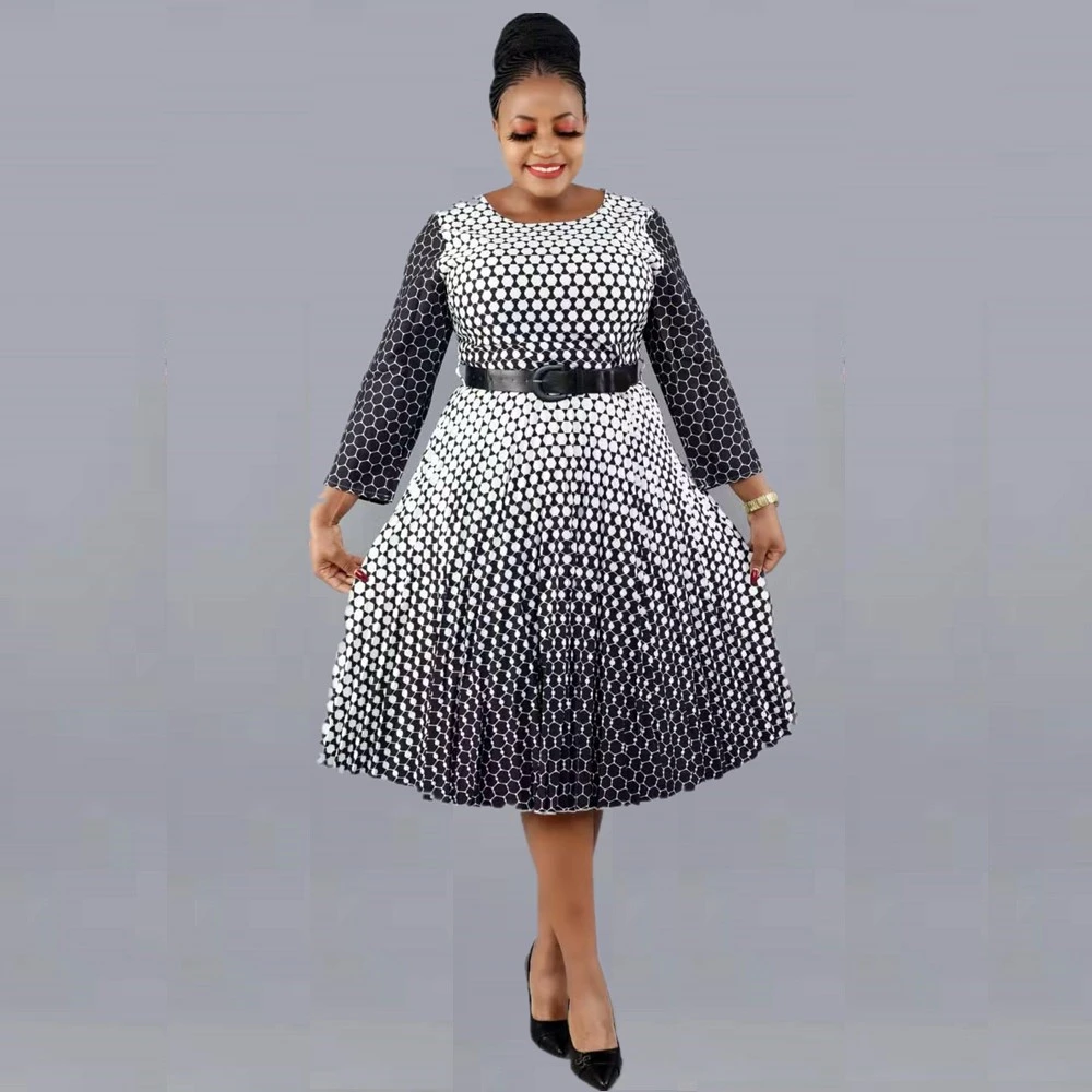 2022 New Hot Sale African Style Plus Size Printed Round Neck 3/4 Sleeve Large Pleated Swing Snake Dress For Women