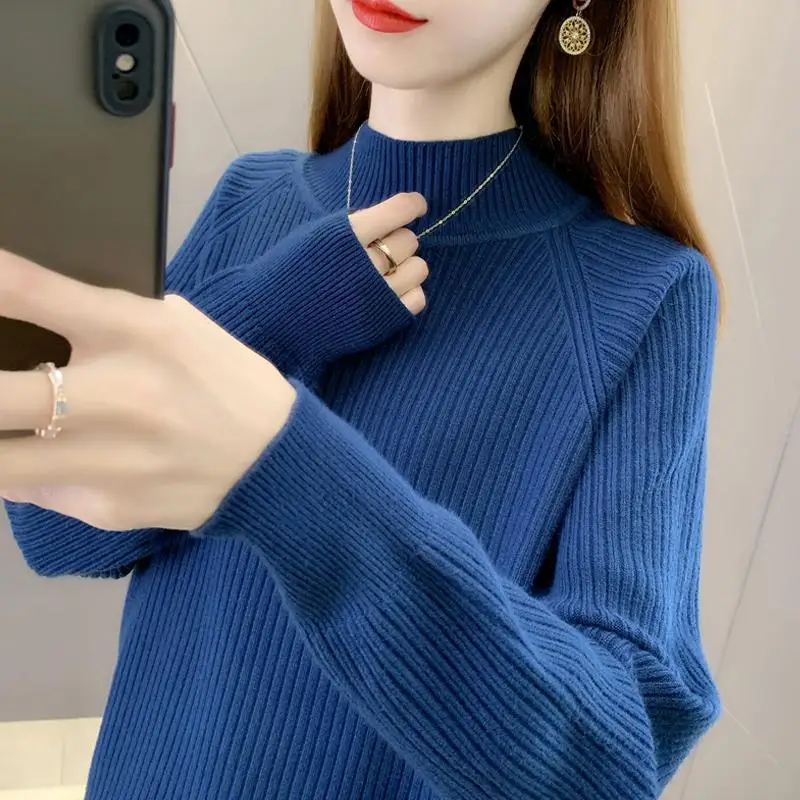 Fashion Solid Color Half High Collar Knitted All-match Korean Sweater Women's Clothing 2022 Autumn New Loose Casual Pullovers