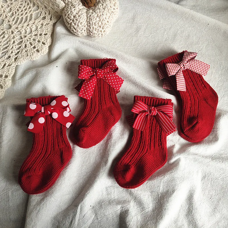 Baby Girls Knee High Socks Kids Cotton Red Big Bow Christmas Sock Solid Woolen Leg Warmers Girl Toddler Soft Socks For 0-3Years