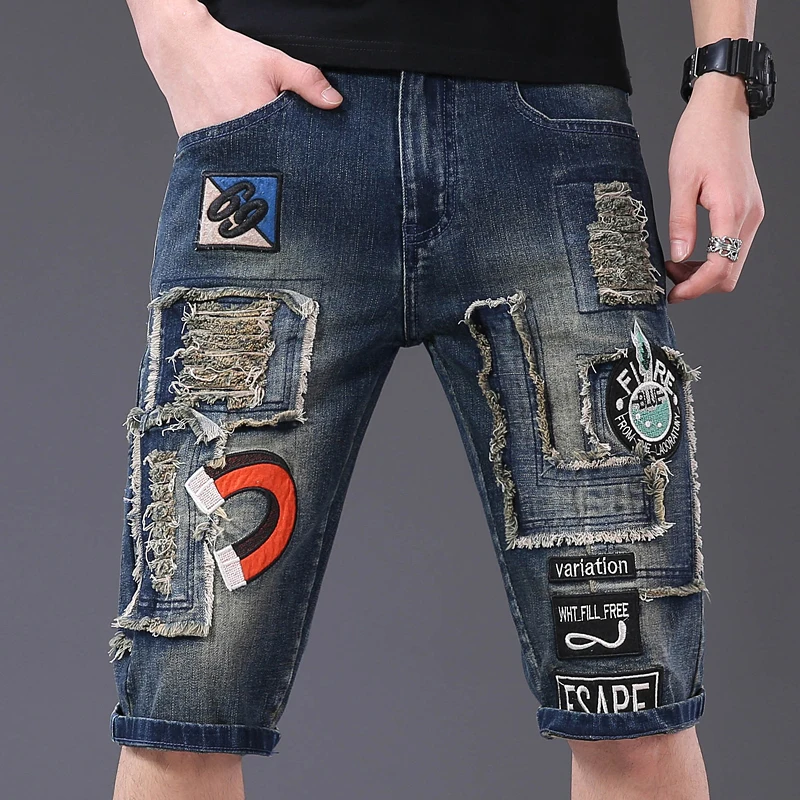 Summer Motorcycle Denim Shorts Men's Personalized Ripped Retro Cropped Pants Embroidered Patch Street Fashion Stretch Pants