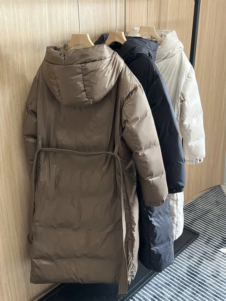 Winter Long Down Coat Women Hooded Parkas Fashion Single-breasted Slim Belted Thickened Warmth Puffer Jackets Female