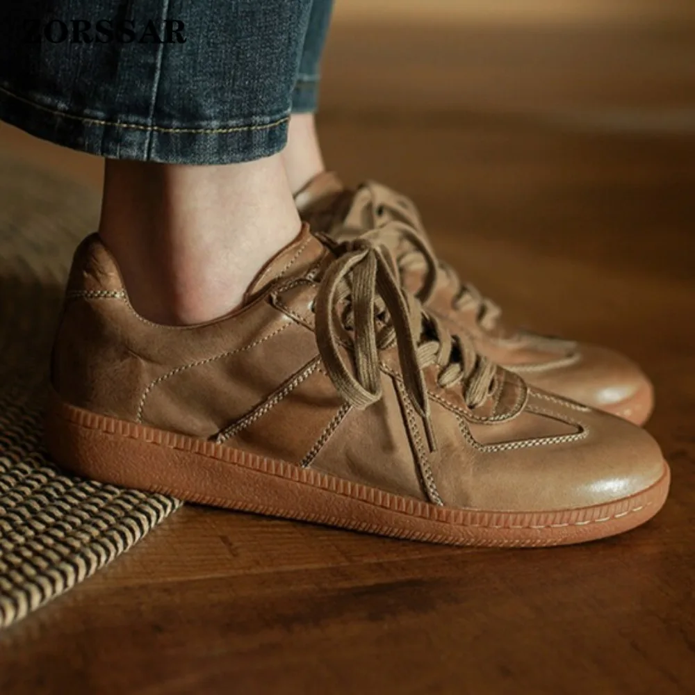 Womens Classic Leather Sneakers Minimalist Low-Top White Shoes with Gum Sole Casual Retro German Trainer Style for Daily Commute