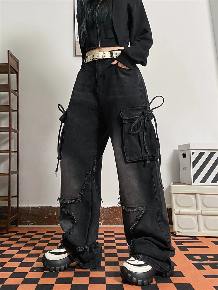 RORORIRI Stitch Star Raw Edge Cargo Pants Women Black Vintage Wash Pocket Deconstructed Y2k Whiskers Baggy Jeans Acubi Fashion