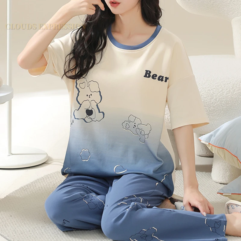 Conjunto de Pijama de manga corta para Mujer, ropa de dormir de punto con estampado de oso de dibujos animados, a cuadros, elegante, para estar en