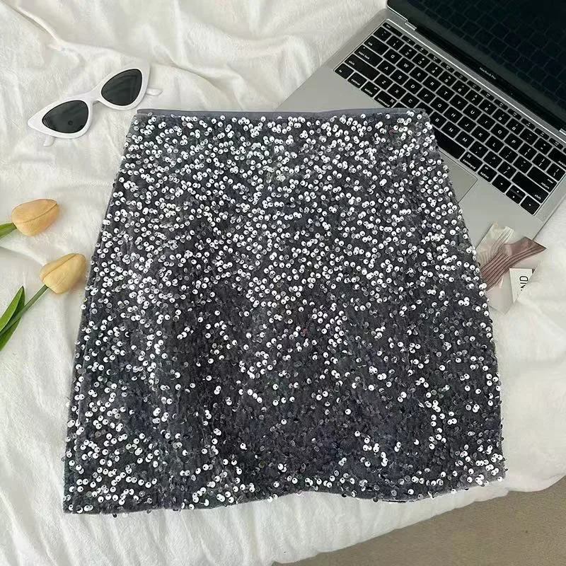 Fashion Sequin Decorate Women Mini Skirt Y2K High Waist Korean Office Lady Casual A Line Skirt Elegant Hepburn Style Party Skirt