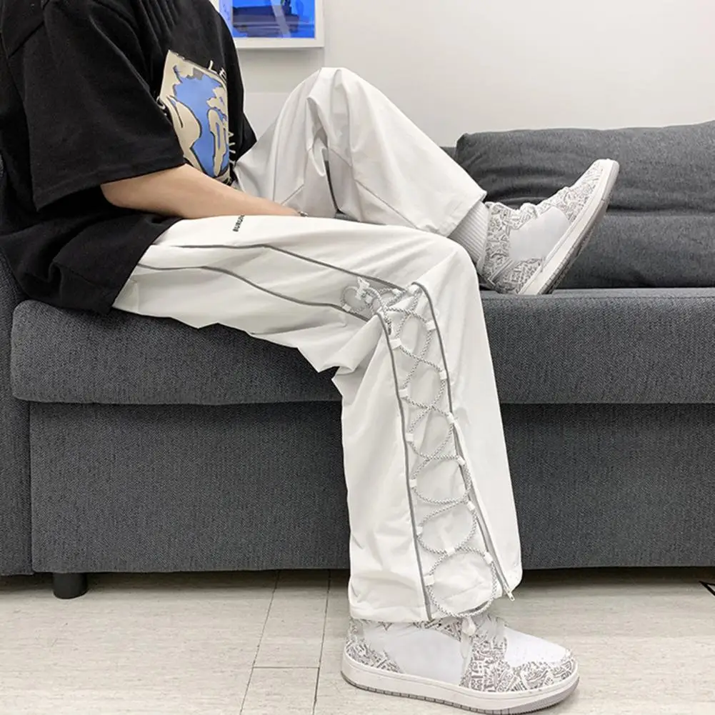 Men Sweatpants Mid-Rise Elastic Waistband Cargo Trousers Side Cross Lace-up Drawstring Cuffs Men Sweatpants Hip Hop Cargo Pants