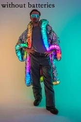 New Silver Sequin Faux Fur Jacket Patchwork LED Luminous Costume Applicable To Multiple Scenarios Men's Faux Fur Coat