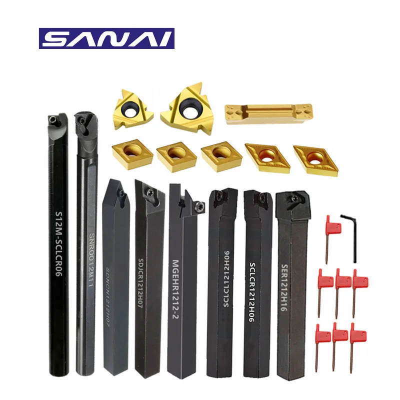 SANAI 8 Sets of 12mm CNC Lather Turning Tool Holder Boring Bar Set With Carbide Inserts for Metal Machining Combined Cutting