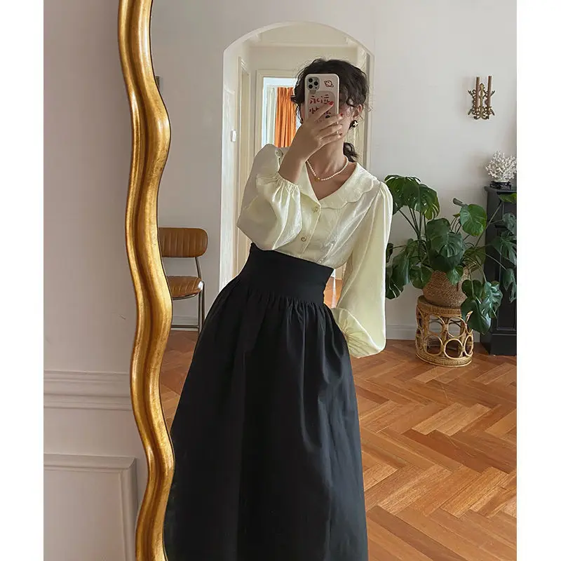 Korean Harajuku High Waist Drawstring Waist Retraction Fluffy Skirt Womens Vintage Pocket Solid Color Elegant Long Skirts Y2k