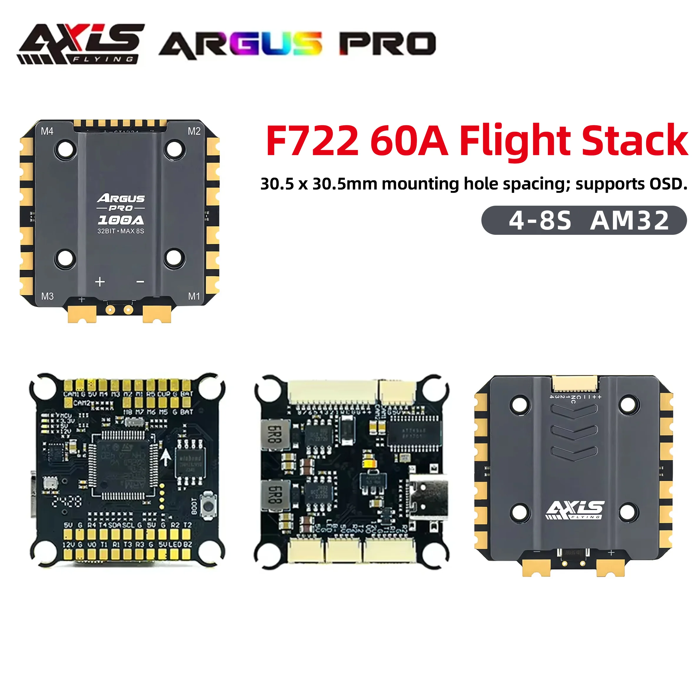 Axisflying Argus Pro ECO F722 100A Stack Flight Controller 4 in 1 32Bit ESC 4-8S 30.5x30.5mm for 13-15 Inch FPV Drone