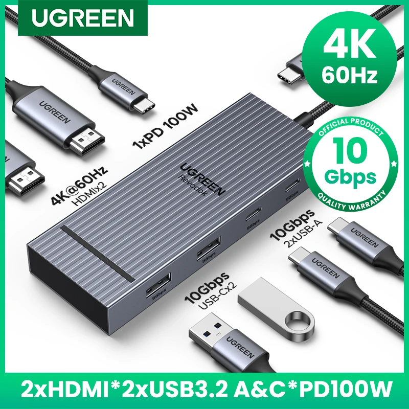 

UGREEN USB-C HUB Dual HDMI 7-в-1 Type-C до 4K60Hz 2HDMI 10 Гбит/с USB-A&C Порты PD100W для MacBook Laptop USB-разветвитель Док-станция