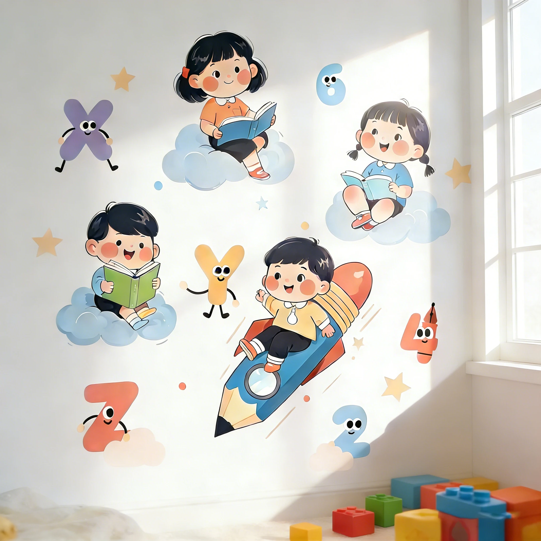 Cartoon Reading Children's Wall Stickers Kindergarten Children's Room Ins Wind Decorative Stickers Waterproof Removable Self Adh