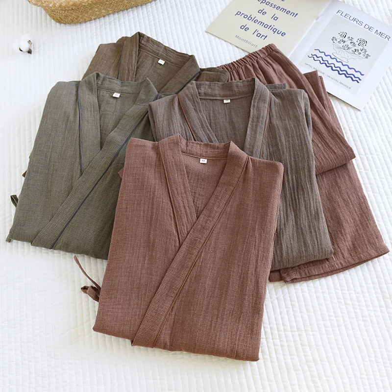 Men Cotton Pajamas Loose Bathrobes V-Neck Kimono Pijama Three Quarter Sleepwear Loungewear