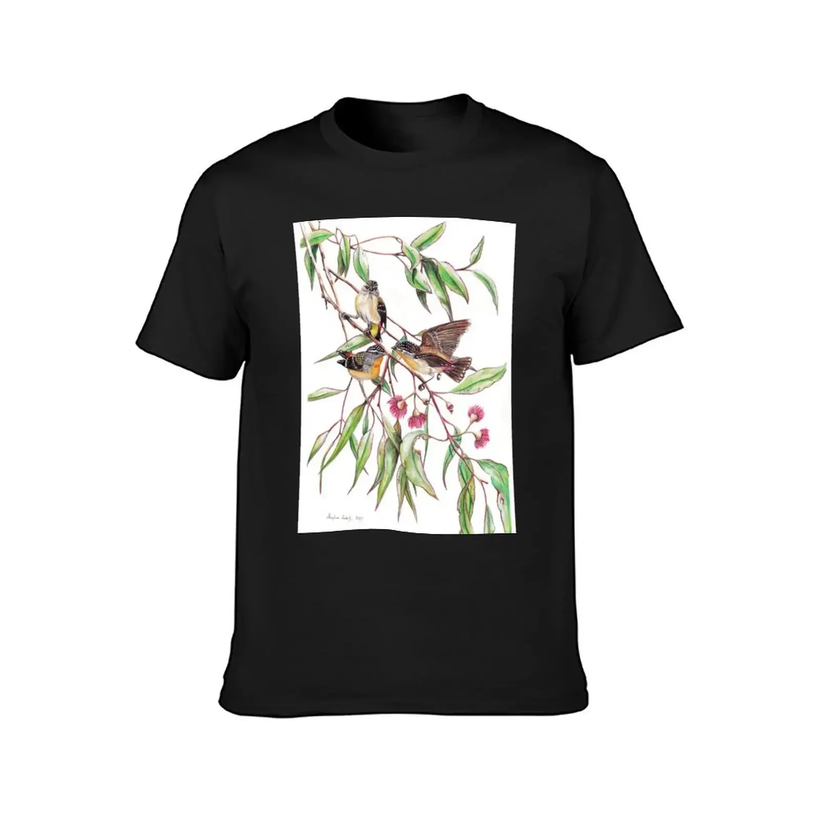 Spotted Pardalotes on Pink Flowering Gum T-Shirt basketball graphic tees fashion shirts mens vintage t shirts