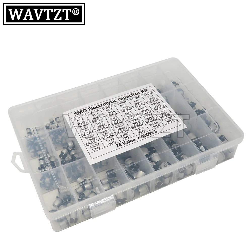 

IGMOPNRQ 1UF~1000UF 6.3V-50V 400Pcs 24Value SMD Aluminum Electrolytic Capacitors Assortment Kit + Box