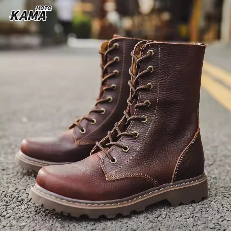 Men's Retro Motorcycle Boots High Top Fce Lined Leather Boots Retro Workwear Sle Flat Heel Rubber Outsole Breathable round Toe