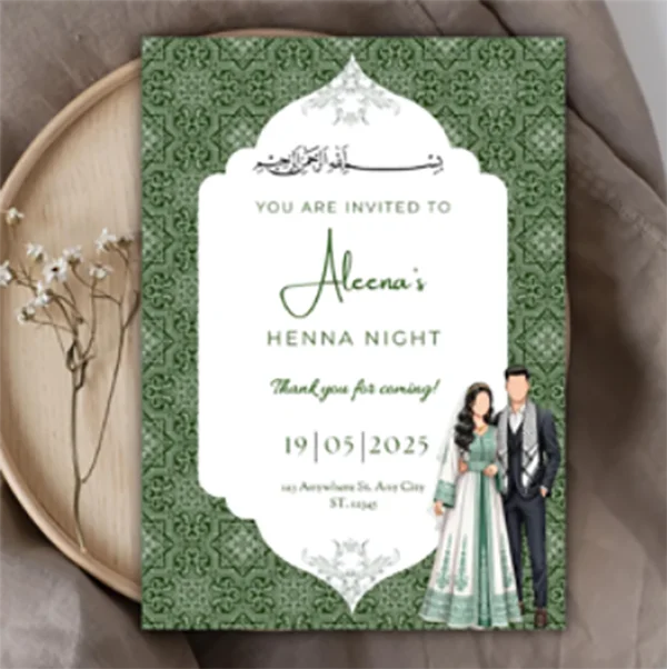 

Custom Elegant Henna Day Invitation Personalized Name Print Nikkah Islamic Engagement Night Party Muslim Wedding Welcome Card