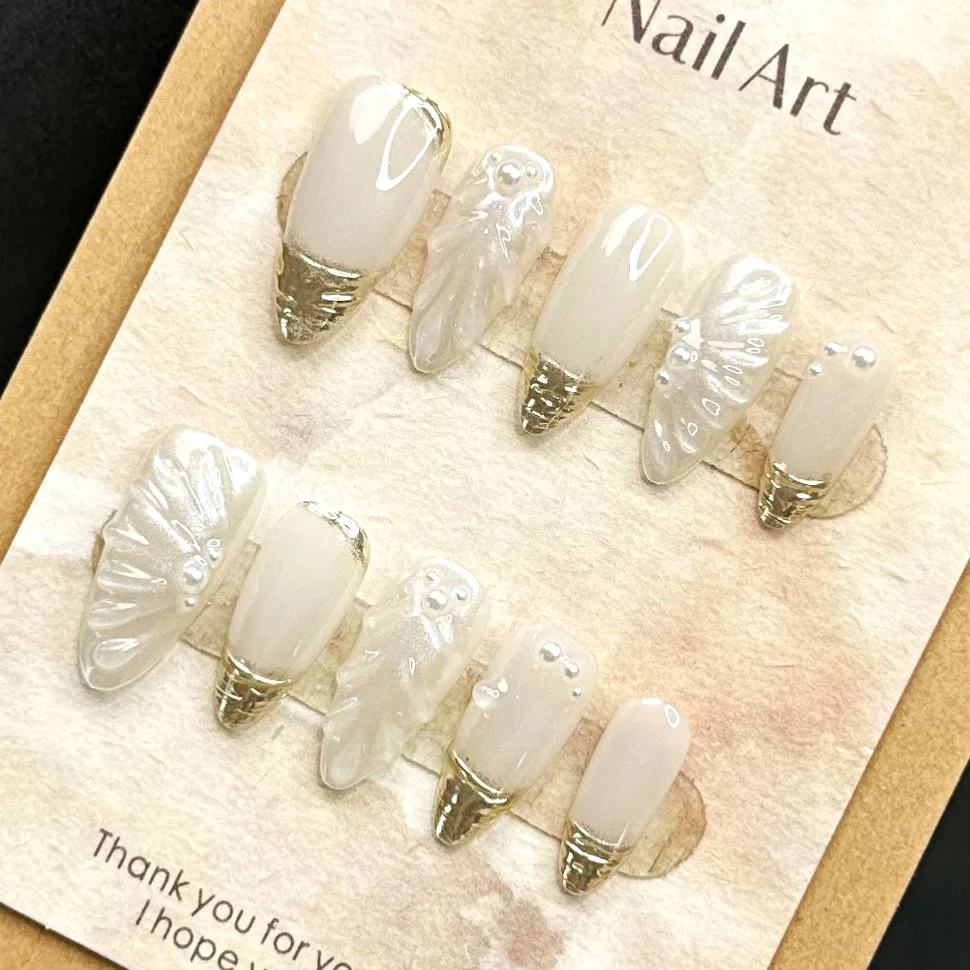 

10pcs Handmade Press on Nails 3D White Bride Lady False Nail with Gold Foil French Almond Fake Nail Tips Full Cover Wearable