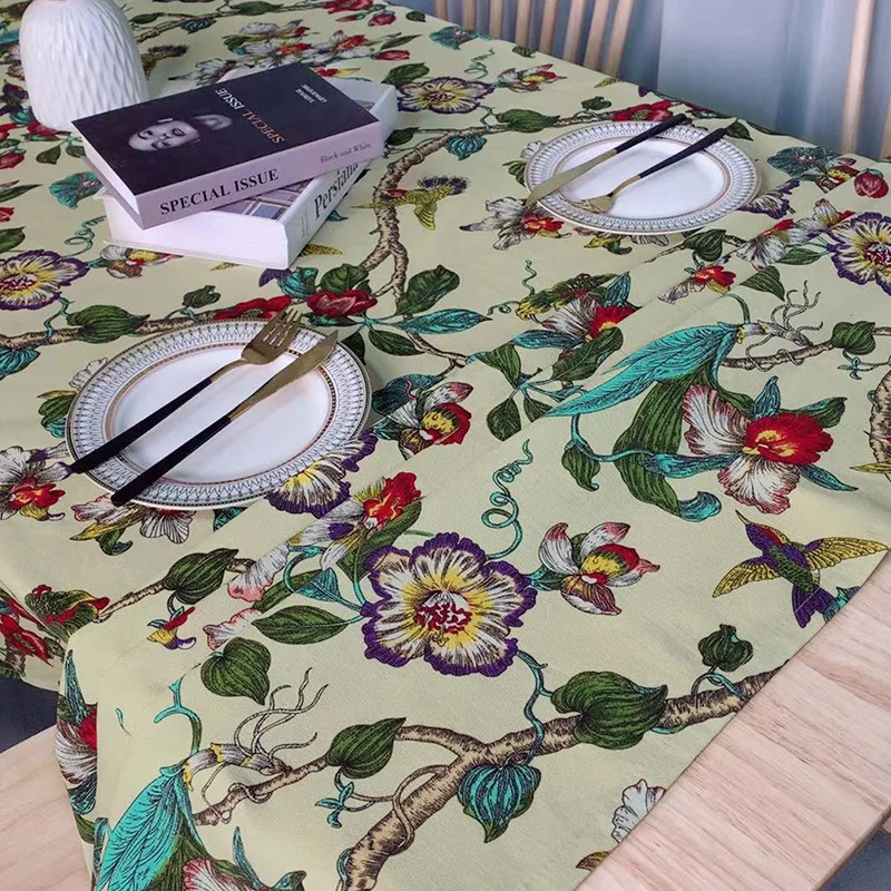 ผ้าปูโต๊ะพิมพ์ลายชนบทสไตล์อเมริกันผ้าฝ้ายและนกและผ้าลินินตกแต่งชายามบ่ายผ้าปูโต๊ะสำหรับจัดเลี้ยงโต๊ะ