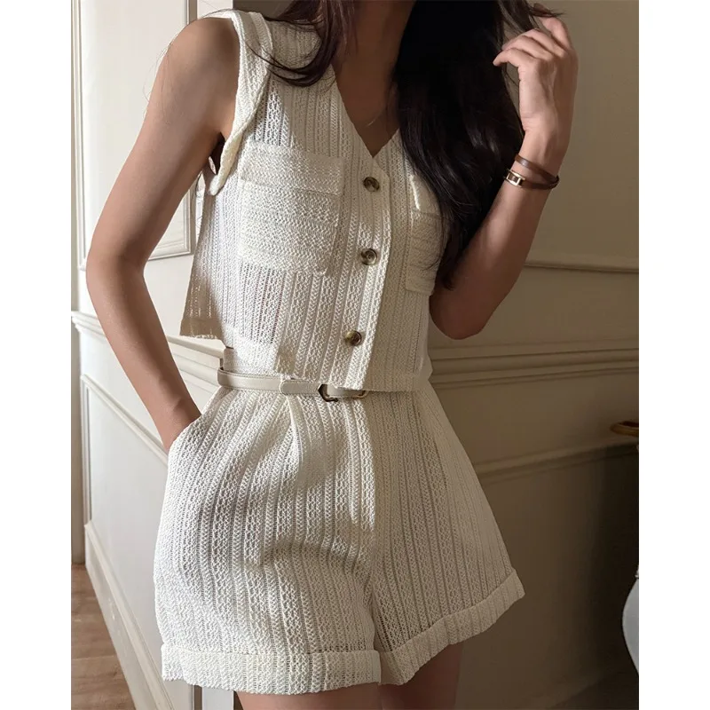 

Korean Sle Hollow out Lace ket Vest Top Summer New Vintage Elegance High Waist Cuffed ort Pants Two Piece Set Women