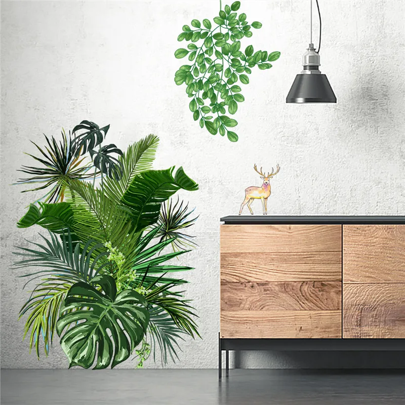 Tropical Green Plants Wall Stickers For Kids Bedroom Living Room Decoration Vinyl Wallpaper Leaves Poster Mural Decal Wall Decor