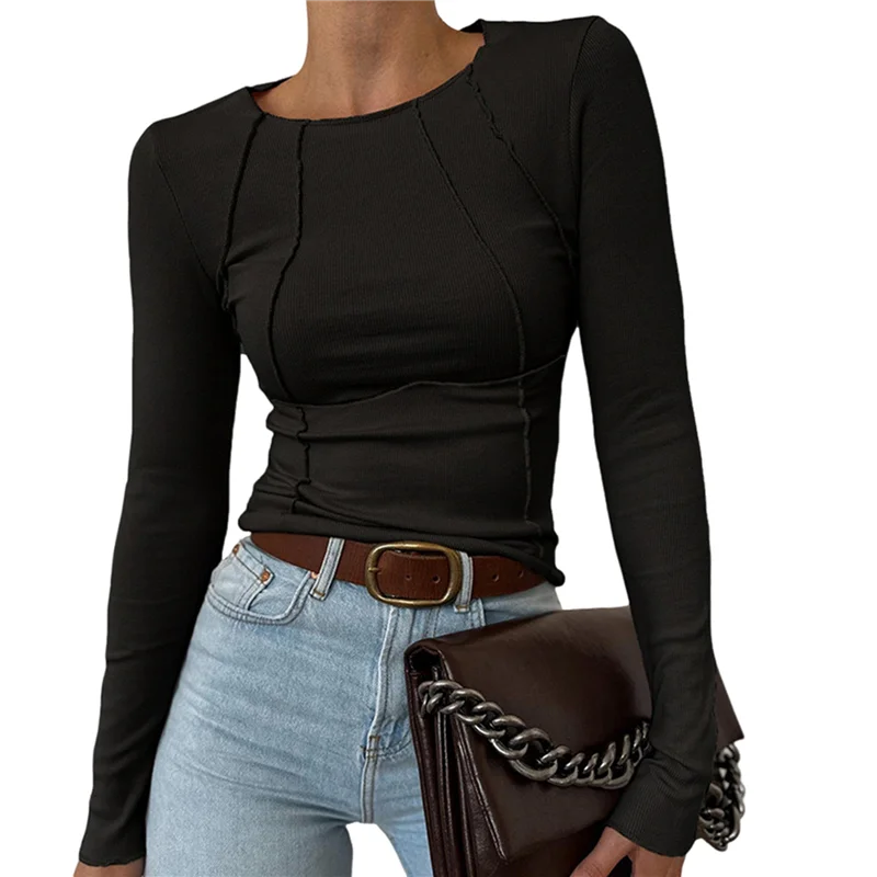 CGS-Camicie a maniche lunghe da donna Slim Fit Girocollo Abiti autunnali Cuciture esposte Top basic a costine