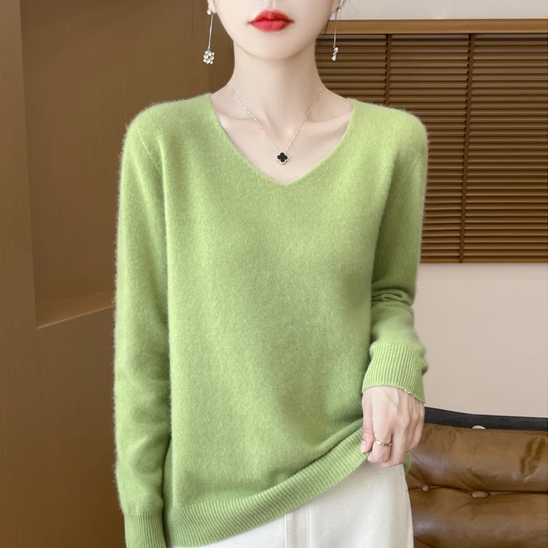 100% Wool Cashmere Sweater Women\'s 2024 Autumn/Winter New V-neck Knitted Pullover Solid Color Long Sleeve Soft Comfortable Tops