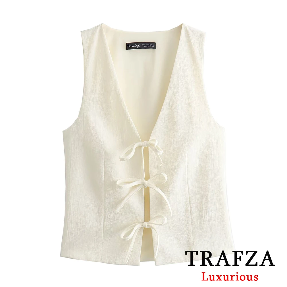 TRAFZA Casual Beige V Neck Sleeveless Vest Women Bow Tie Straight Tops Women Fashion 2024 Summer Streetwear Sexy Tank Tops