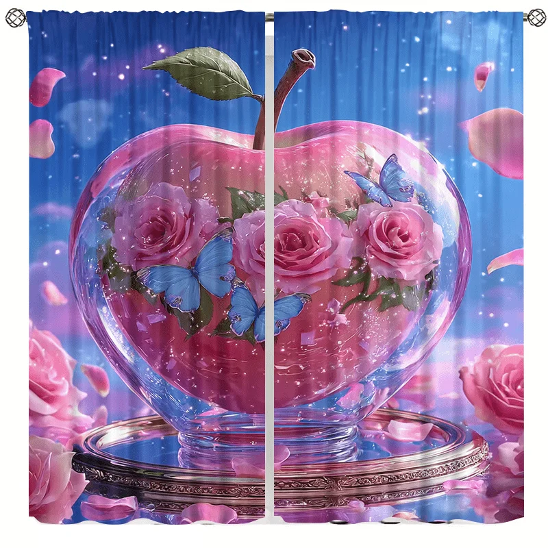 Rose blue butterfly curtains, installed using pocket rod method, suitable for bedrooms, living rooms, balconies, and decoration.