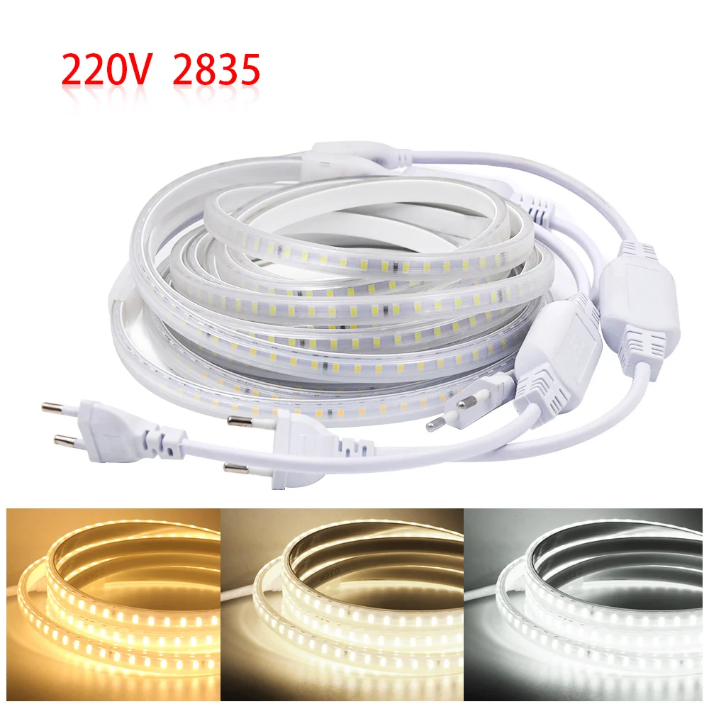 220v 2835 Led Strip Light with Switch Power Plug Kit 120LEDs/m 10mm Waterproof Flexible LED Ribbon 1m 5m 10m 20m Home Decoration