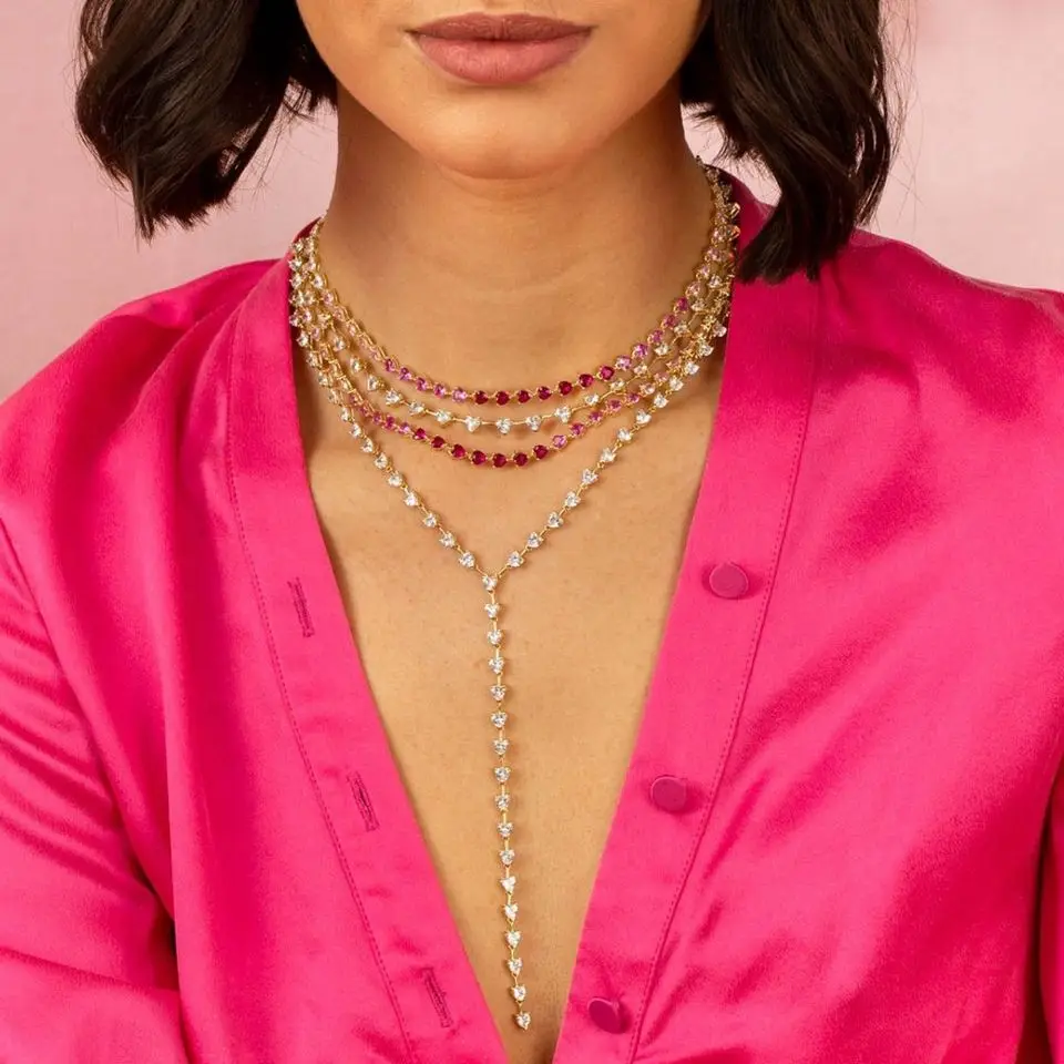 Conjunto de joyería de circonia cúbica para mujer, collares de cadenas de piedra en forma de corazón, moda con Color dorado y plateado para vestido de noche con cuello en V