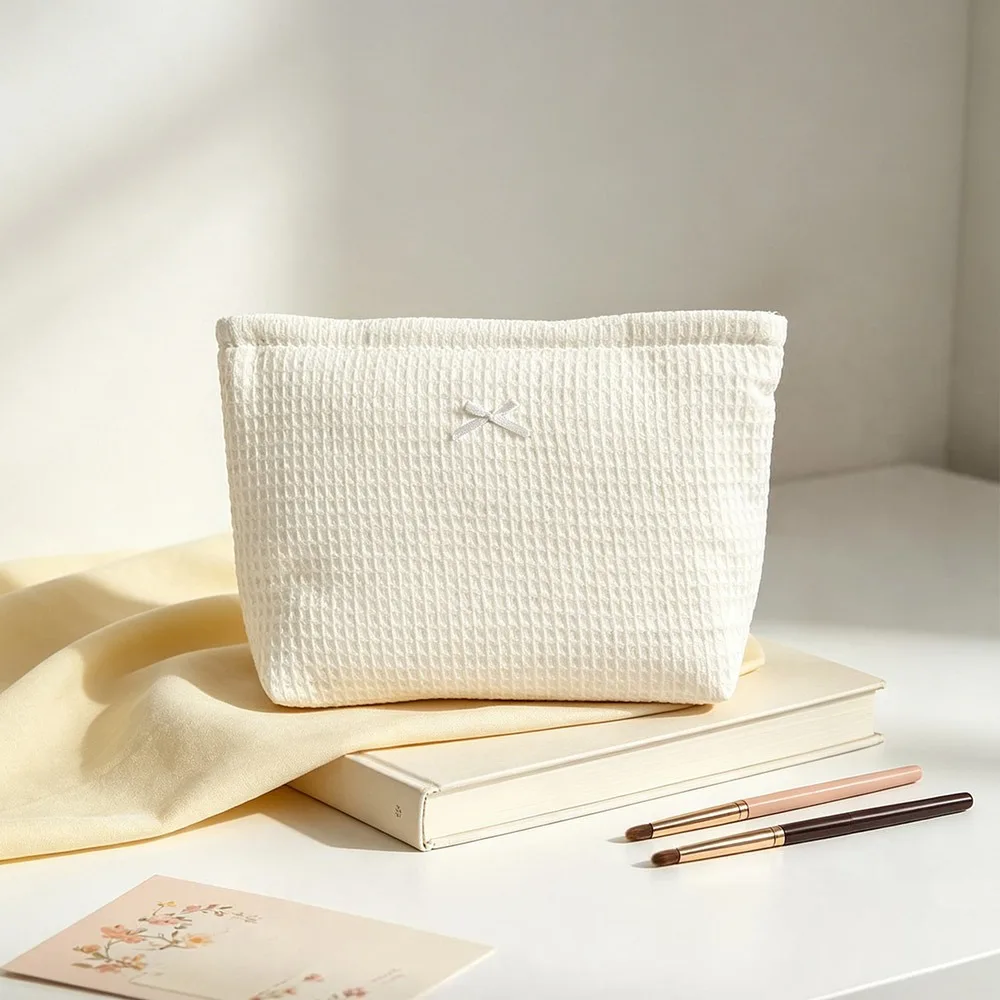 1pc High Quality Waffle Knit Makeup Bag Bow Large Capacity Cosmetic Bag Cosmetic Pouch Home Travel