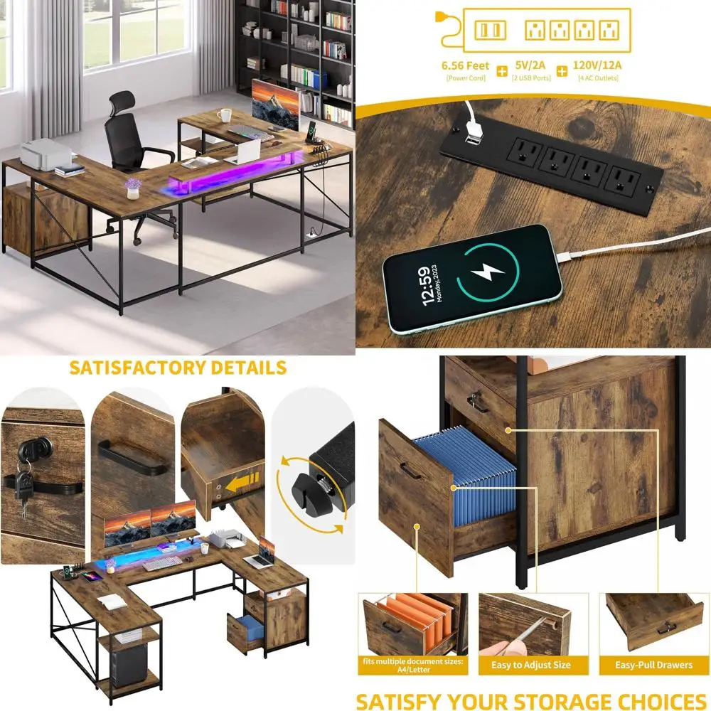 79 Reversible L-Shaped Desk with Power and LED, Rustic Brown Computer Desk with Storage and Monitor Stand