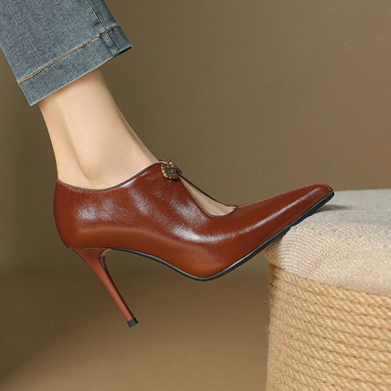 NEW Autumn Ankle Boots Genuine Leather Boots for Women Pointed Toe Thin Heel Shoes Retro Zip Modern Boots Super High Heel Shoes