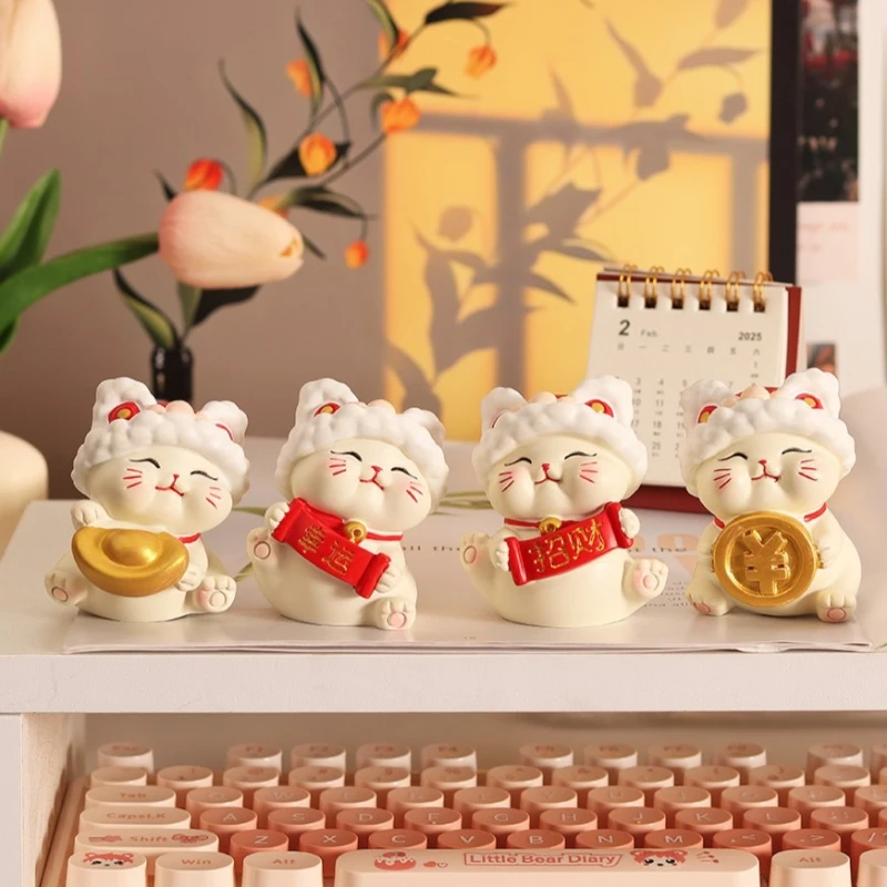 4pcs/1set Cute and Creative Small Lion Dance Maneki-neko Figurines Home Office Desktop Car Decorations and Gifts Home Decoration