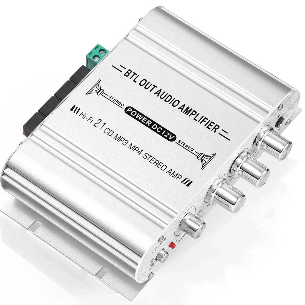 

Sound AmplifierClass D Mini Stereo Bass Amplifier 2.1 Channel 20Wx2+40W ST-838 Audio Amplifier for Home AV Systems Silver DC 12V