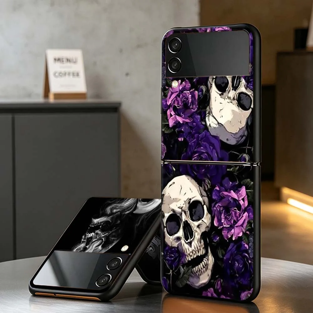 Purple Rose Skull Pattern PC Foldable Hard Phone Case For Samsung Galaxy Z Flip 3 4 5 6 7 8 5G Non-slip Shockproof Black