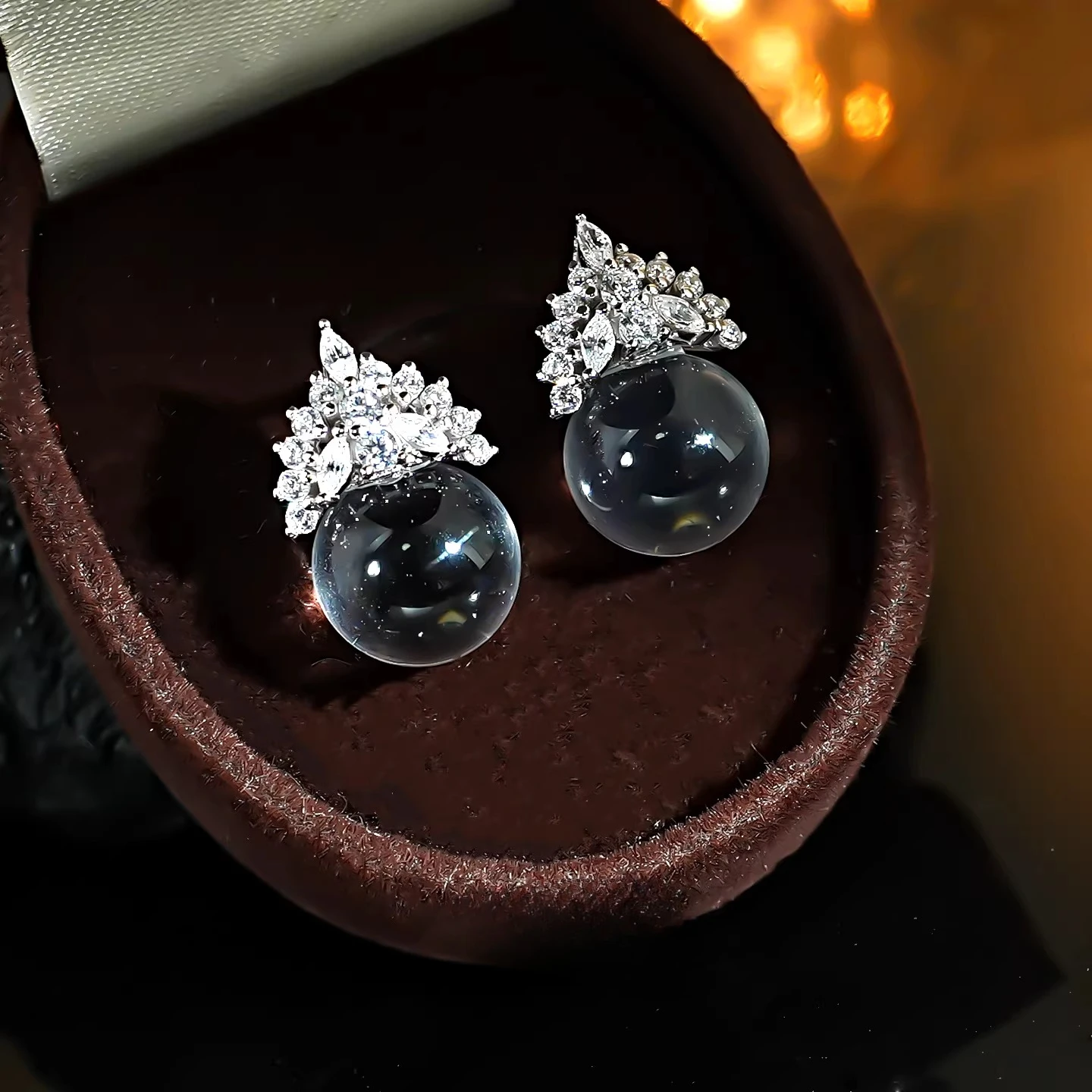 

925 sterling silver earrings, ice transparent artificial white crystal round bead earrings, daily light luxury women's jewelry